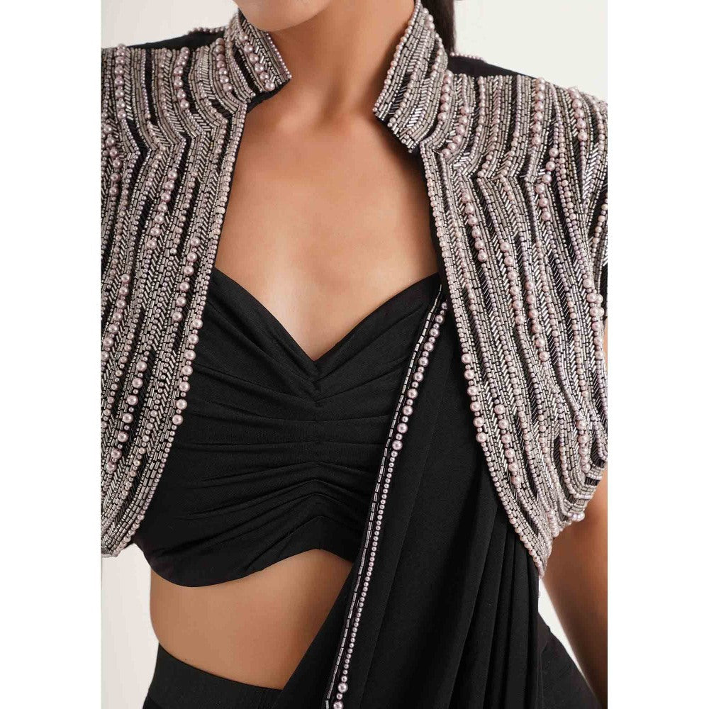 CHAASHNI BY MAANSI & KETAN Black Pre-Draped Saree with Stitched Blouse and Jacket