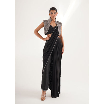 CHAASHNI BY MAANSI & KETAN Black Pre-Draped Saree with Stitched Blouse and Jacket