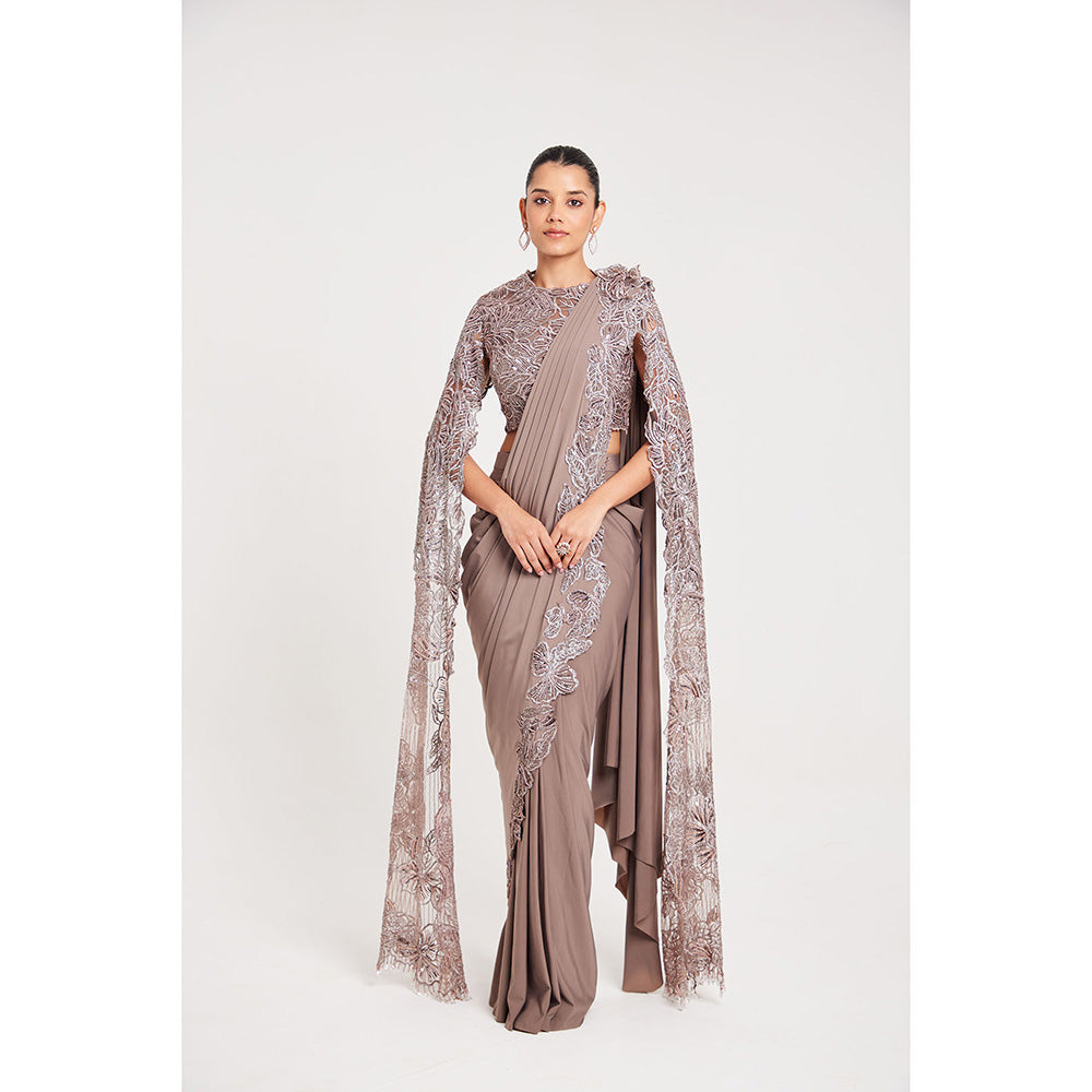 CHAASHNI BY MAANSI & KETAN Mauve Embellished Lycra Pre-Draped Saree with Stitched Blouse