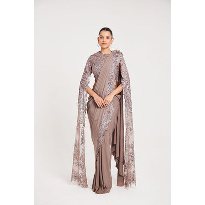 CHAASHNI BY MAANSI & KETAN Mauve Embellished Lycra Pre-Draped Saree with Stitched Blouse