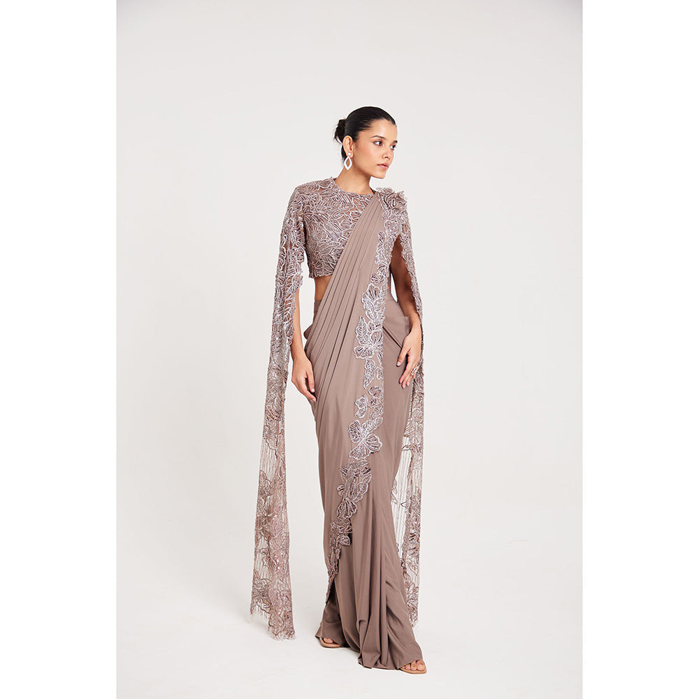 CHAASHNI BY MAANSI & KETAN Mauve Embellished Lycra Pre-Draped Saree with Stitched Blouse