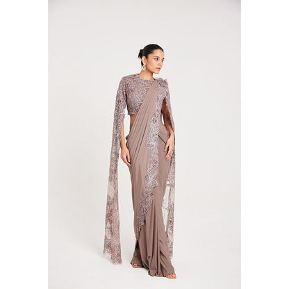 CHAASHNI BY MAANSI & KETAN Mauve Embellished Lycra Pre-Draped Saree with Stitched Blouse