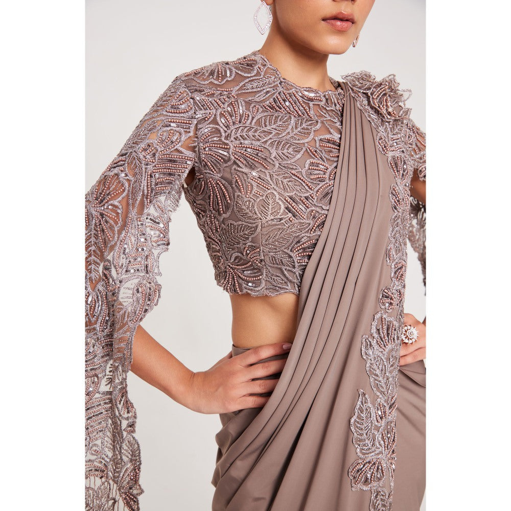 CHAASHNI BY MAANSI & KETAN Mauve Embellished Lycra Pre-Draped Saree with Stitched Blouse