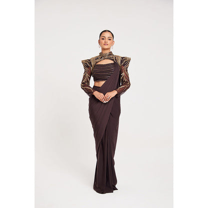 CHAASHNI BY MAANSI & KETAN Brown Embroidered Pre-Draped Saree with Stitched Blouse and Cape
