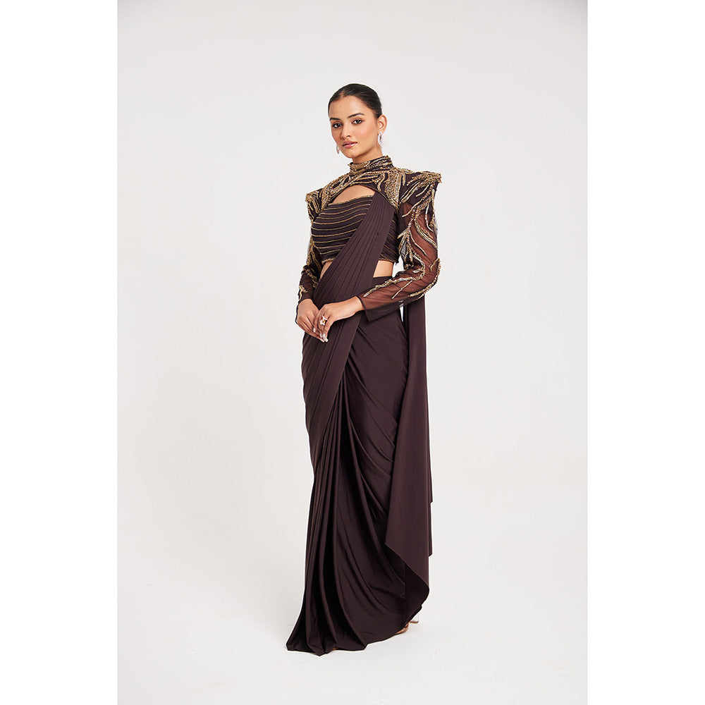 CHAASHNI BY MAANSI & KETAN Brown Embroidered Pre-Draped Saree with Stitched Blouse and Cape