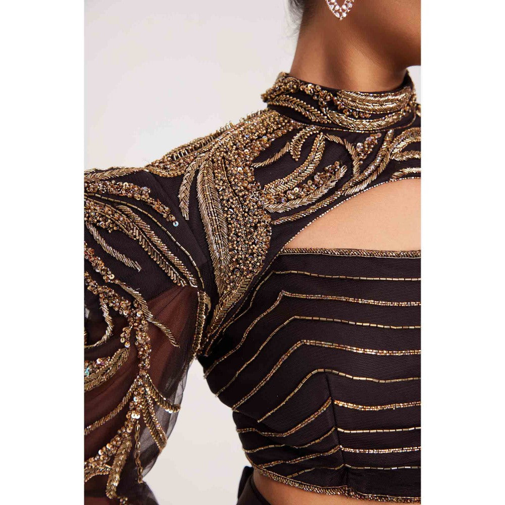 CHAASHNI BY MAANSI & KETAN Brown Embroidered Pre-Draped Saree with Stitched Blouse and Cape
