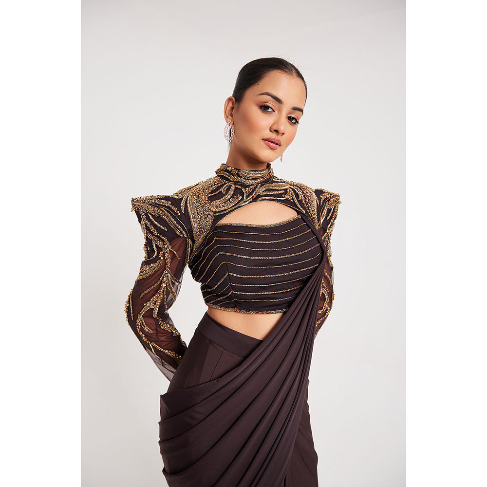 CHAASHNI BY MAANSI & KETAN Brown Embroidered Pre-Draped Saree with Stitched Blouse and Cape