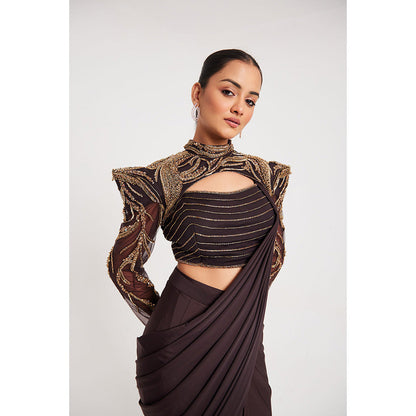 CHAASHNI BY MAANSI & KETAN Brown Embroidered Pre-Draped Saree with Stitched Blouse and Cape