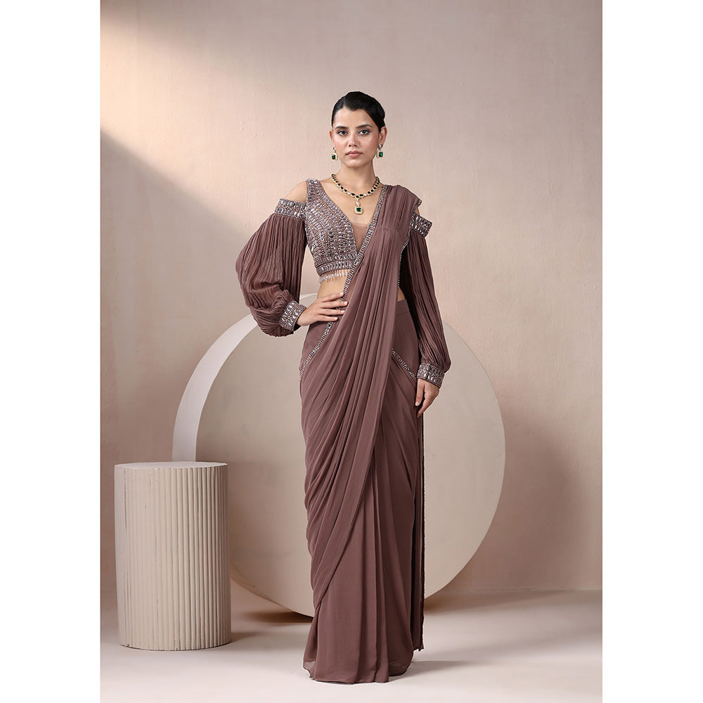 CHAASHNI BY MAANSI & KETAN Brown Sequinned Georgette Pre-Draped Saree with Stitched Blouse