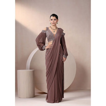 CHAASHNI BY MAANSI & KETAN Brown Sequinned Georgette Pre-Draped Saree with Stitched Blouse