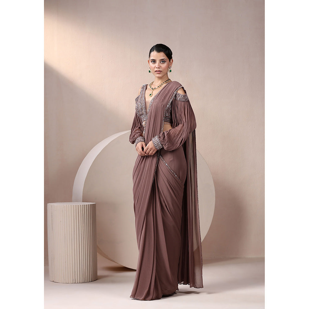 CHAASHNI BY MAANSI & KETAN Brown Sequinned Georgette Pre-Draped Saree with Stitched Blouse