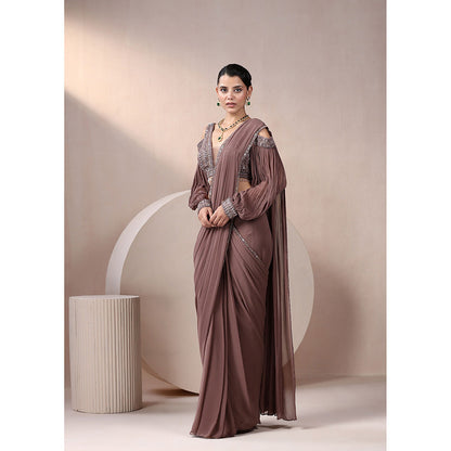 CHAASHNI BY MAANSI & KETAN Brown Sequinned Georgette Pre-Draped Saree with Stitched Blouse