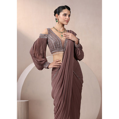 CHAASHNI BY MAANSI & KETAN Brown Sequinned Georgette Pre-Draped Saree with Stitched Blouse