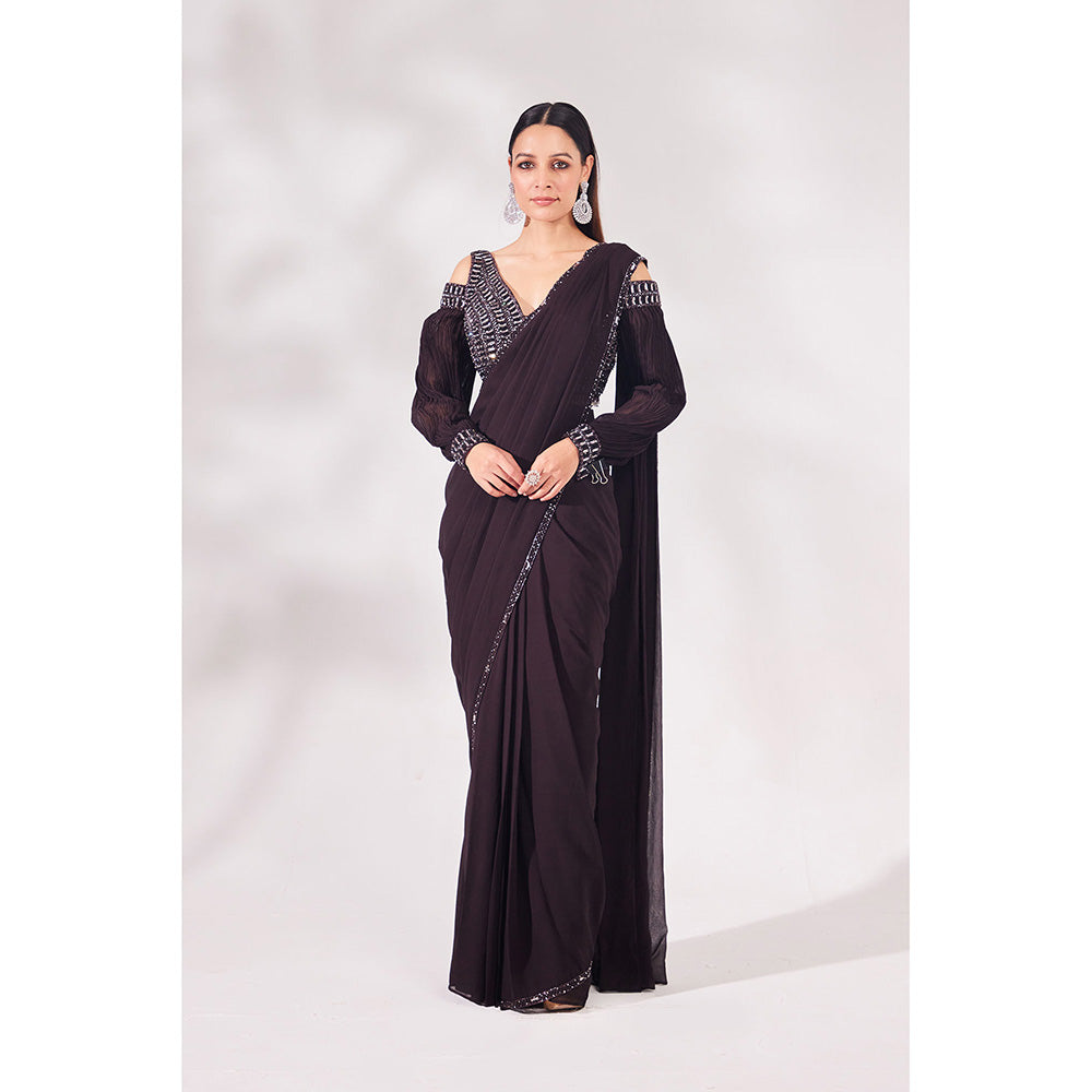 CHAASHNI BY MAANSI & KETAN Brown Hazel Georgette Pre-Draped Saree with Stitched Blouse