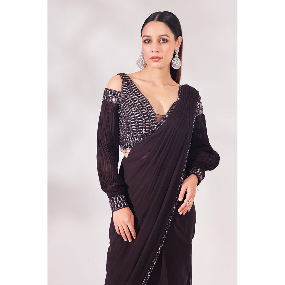 CHAASHNI BY MAANSI & KETAN Brown Hazel Georgette Pre-Draped Saree with Stitched Blouse