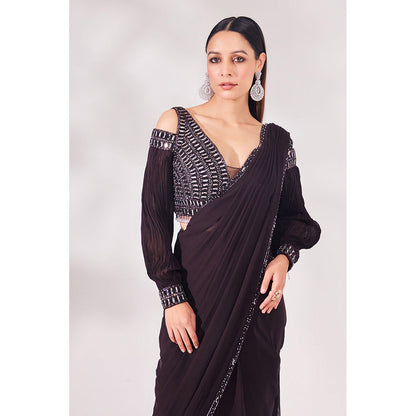CHAASHNI BY MAANSI & KETAN Brown Hazel Georgette Pre-Draped Saree with Stitched Blouse