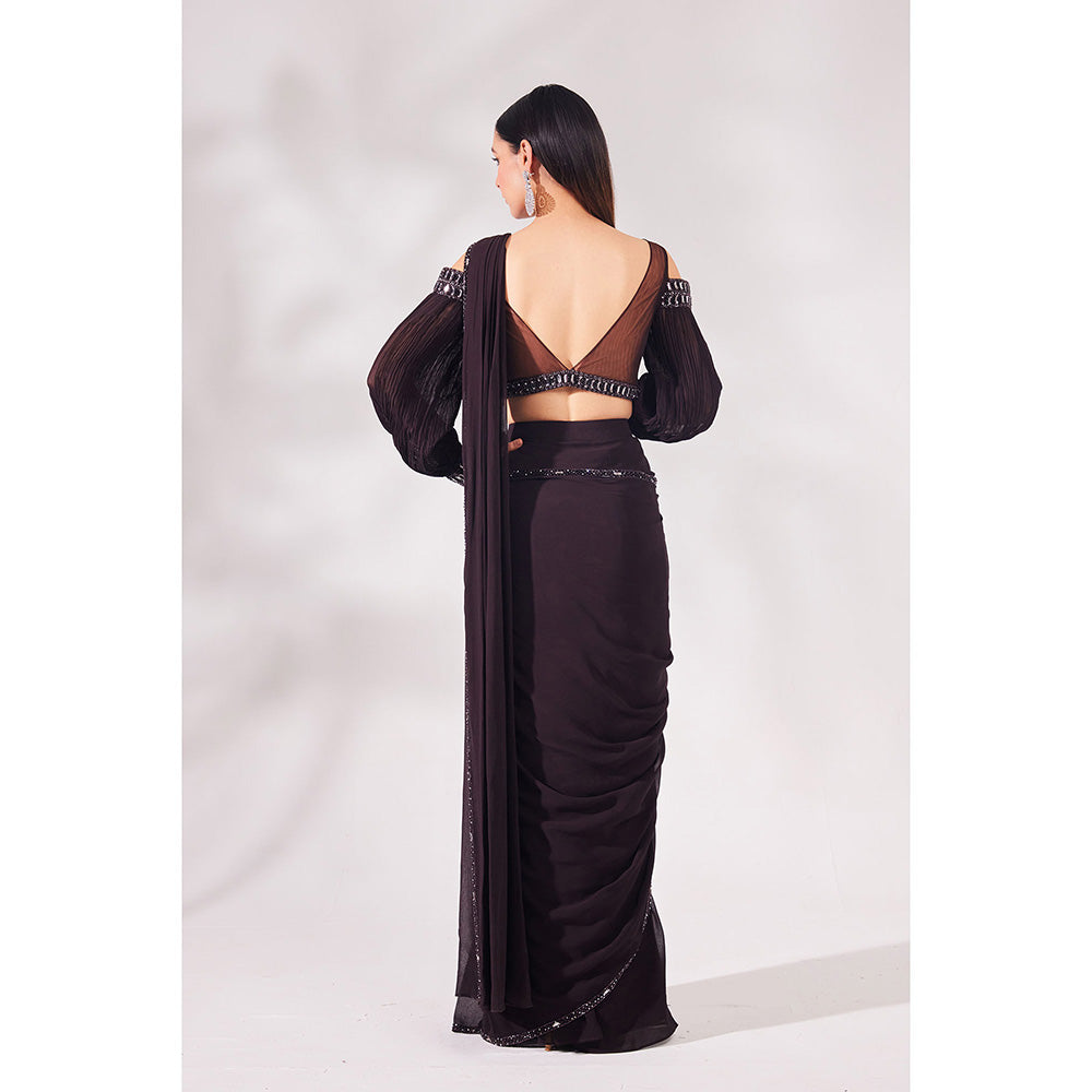 CHAASHNI BY MAANSI & KETAN Brown Hazel Georgette Pre-Draped Saree with Stitched Blouse