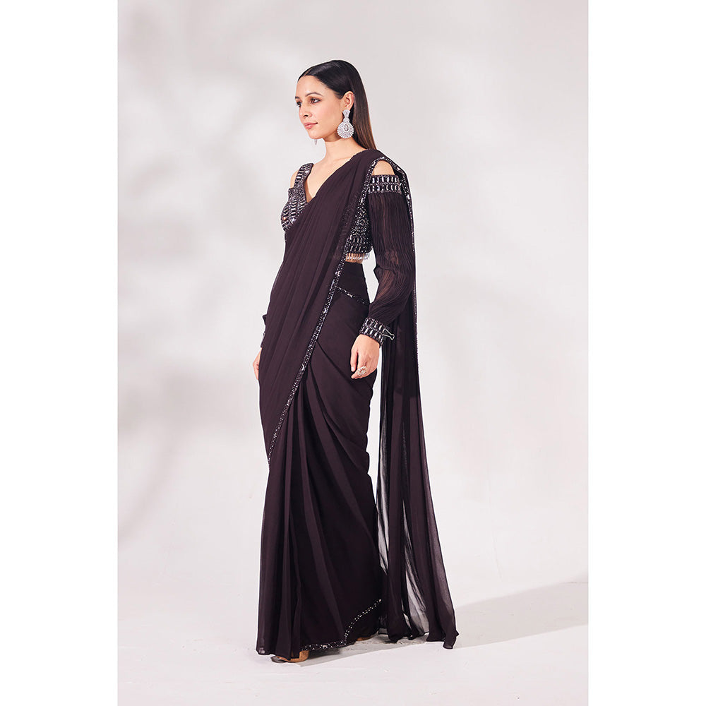 CHAASHNI BY MAANSI & KETAN Brown Hazel Georgette Pre-Draped Saree with Stitched Blouse