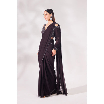 CHAASHNI BY MAANSI & KETAN Brown Hazel Georgette Pre-Draped Saree with Stitched Blouse