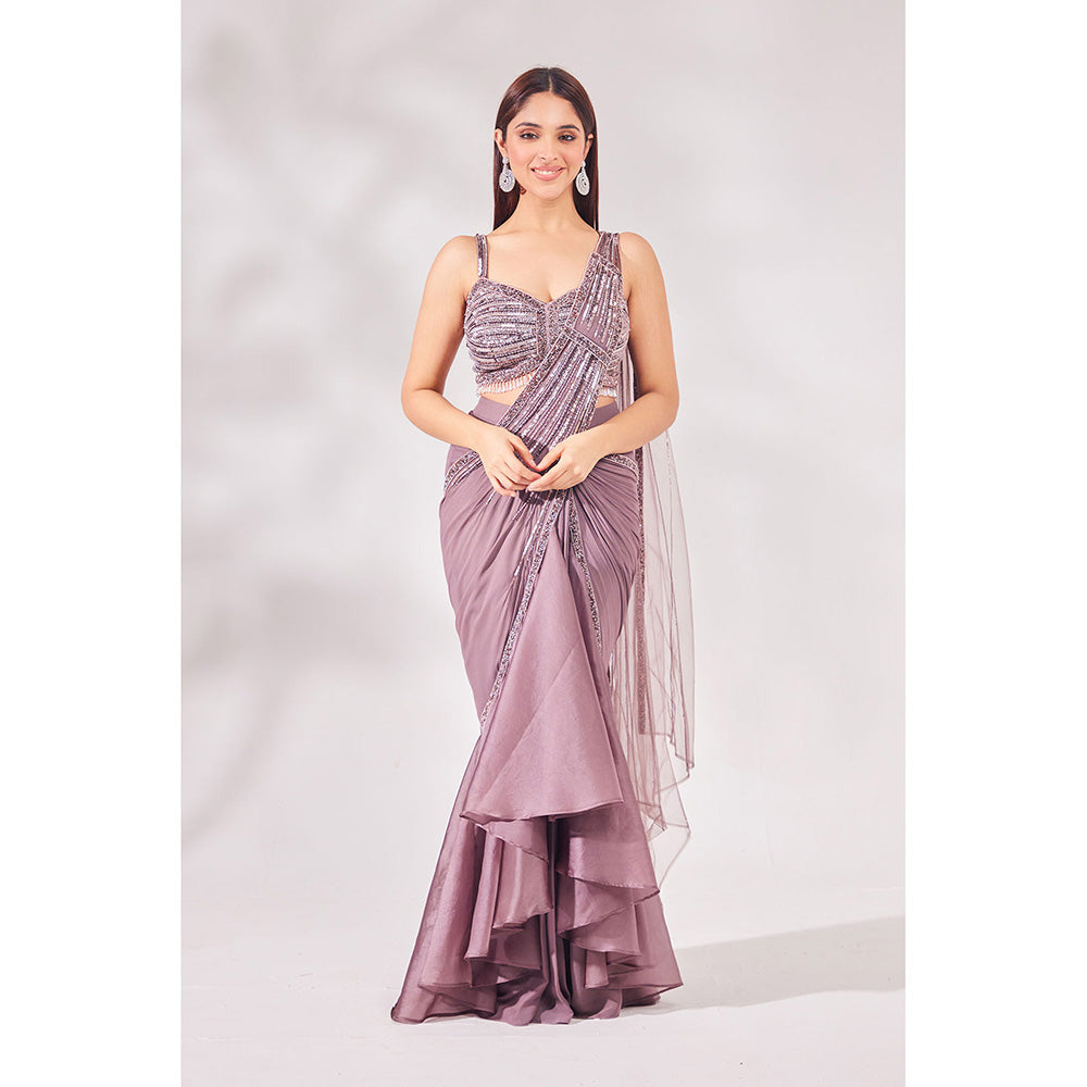 CHAASHNI BY MAANSI & KETAN Lavender Satin Organza Pre-Draped Saree with Stitched Blouse