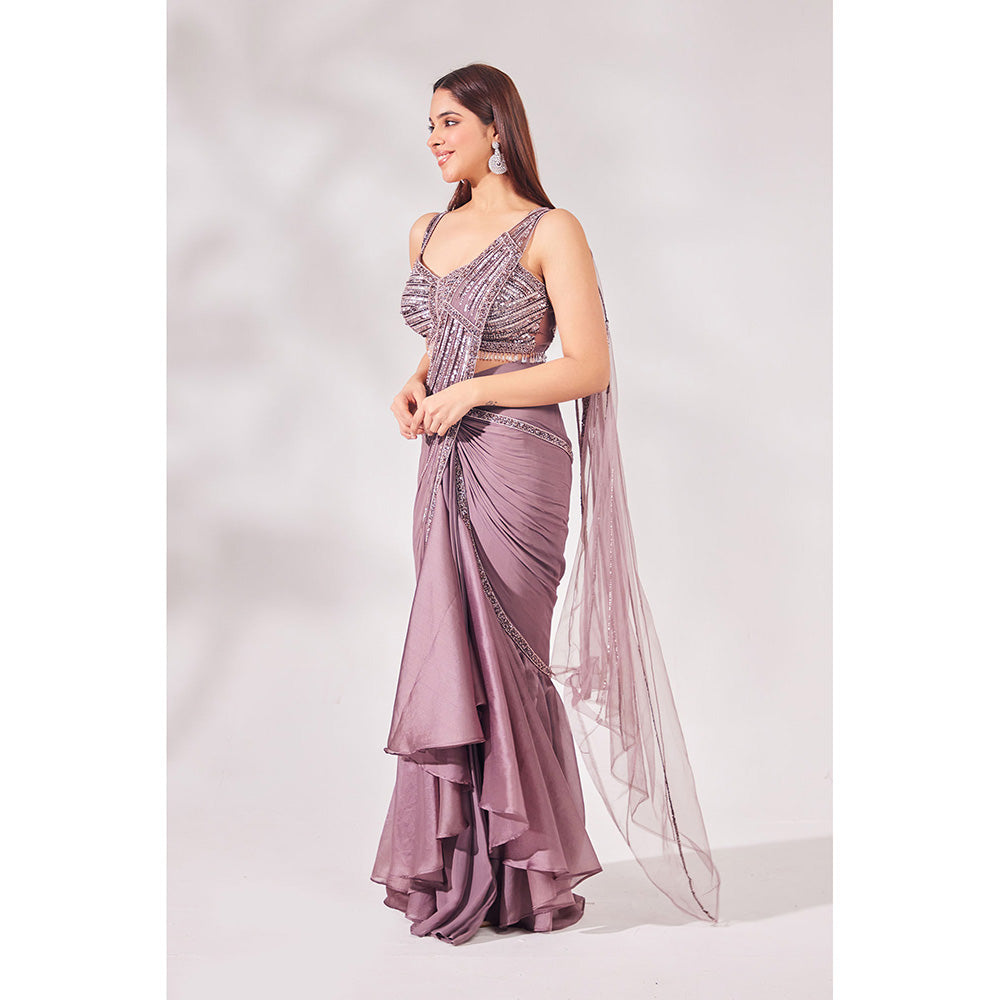 CHAASHNI BY MAANSI & KETAN Lavender Satin Organza Pre-Draped Saree with Stitched Blouse