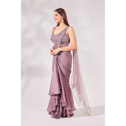 CHAASHNI BY MAANSI & KETAN Lavender Satin Organza Pre-Draped Saree with Stitched Blouse