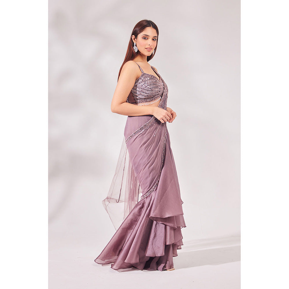 CHAASHNI BY MAANSI & KETAN Lavender Satin Organza Pre-Draped Saree with Stitched Blouse