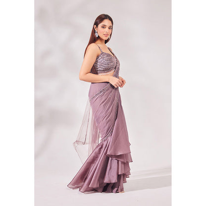 CHAASHNI BY MAANSI & KETAN Lavender Satin Organza Pre-Draped Saree with Stitched Blouse