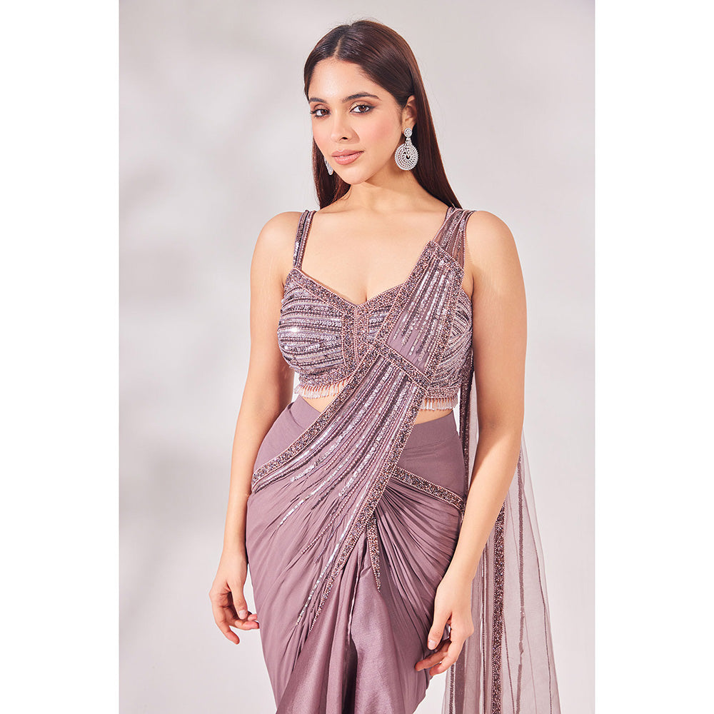 CHAASHNI BY MAANSI & KETAN Lavender Satin Organza Pre-Draped Saree with Stitched Blouse