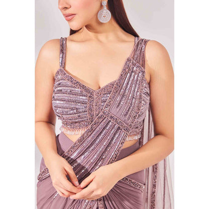 CHAASHNI BY MAANSI & KETAN Lavender Satin Organza Pre-Draped Saree with Stitched Blouse