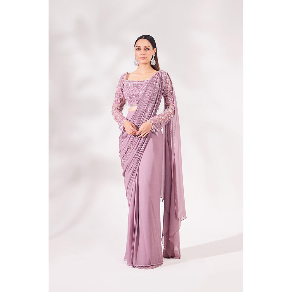 CHAASHNI BY MAANSI & KETAN Lavender Georgette Pre-Draped Saree with Stitched Blouse