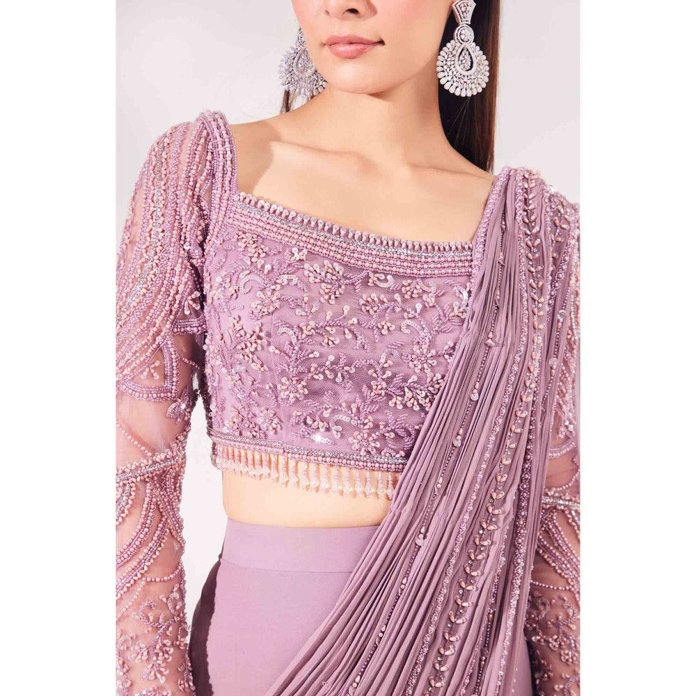 CHAASHNI BY MAANSI & KETAN Lavender Georgette Pre-Draped Saree with Stitched Blouse