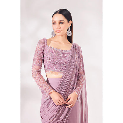 CHAASHNI BY MAANSI & KETAN Lavender Georgette Pre-Draped Saree with Stitched Blouse