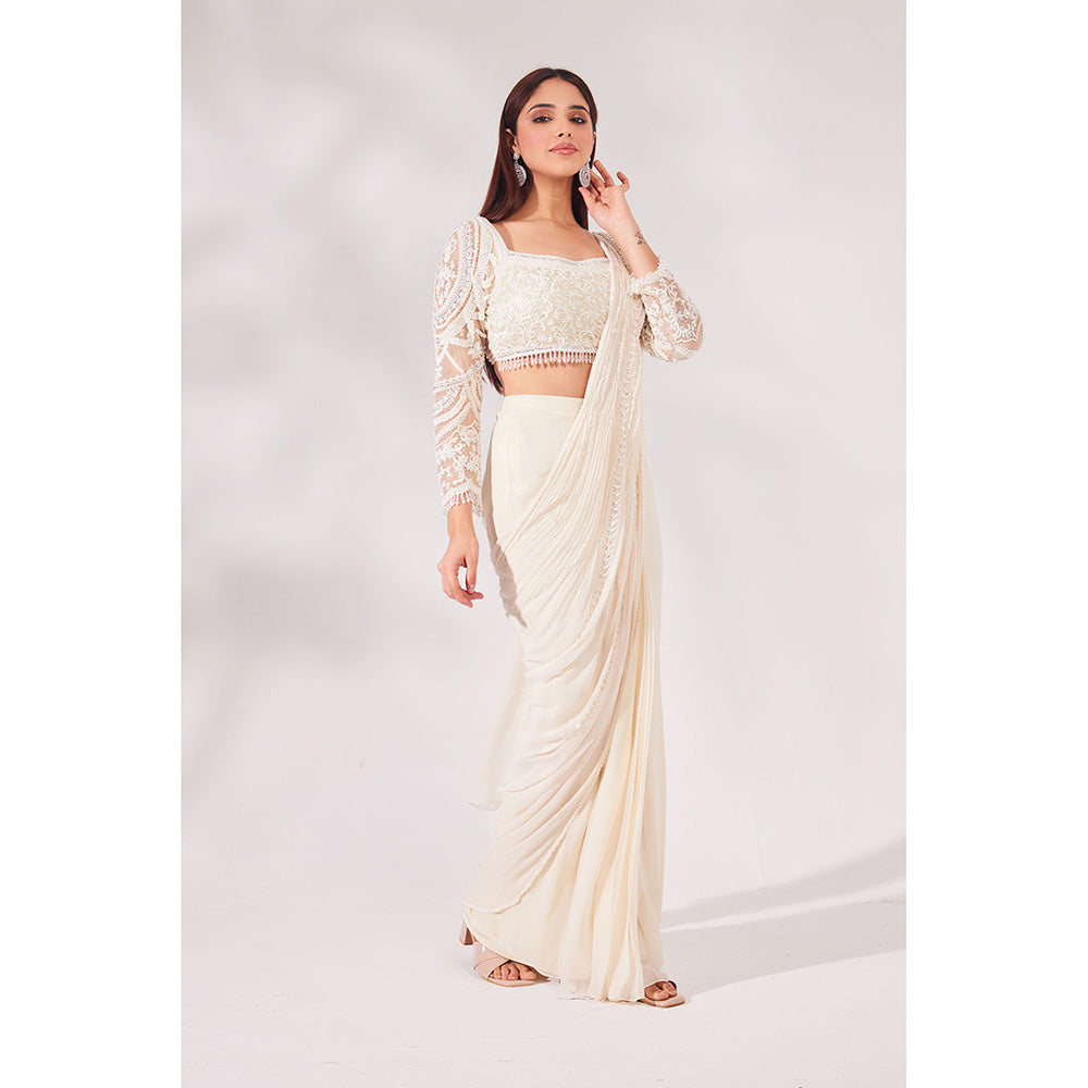 CHAASHNI BY MAANSI & KETAN Off White Embellished Net Pre-Draped Saree with Stitched Blouse