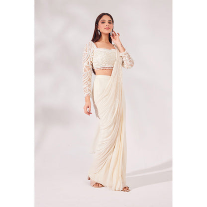 CHAASHNI BY MAANSI & KETAN Off White Embellished Net Pre-Draped Saree with Stitched Blouse