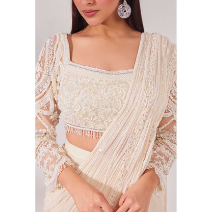 CHAASHNI BY MAANSI & KETAN Off White Embellished Net Pre-Draped Saree with Stitched Blouse