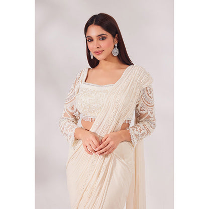 CHAASHNI BY MAANSI & KETAN Off White Embellished Net Pre-Draped Saree with Stitched Blouse