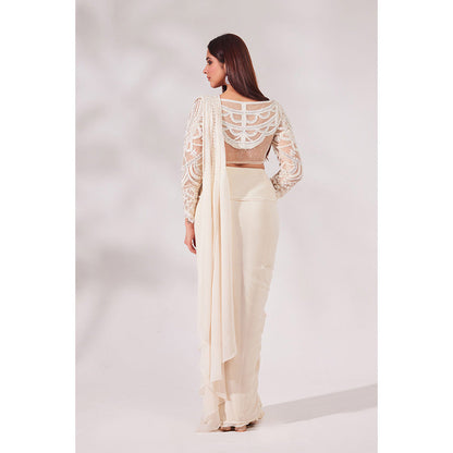 CHAASHNI BY MAANSI & KETAN Off White Embellished Net Pre-Draped Saree with Stitched Blouse