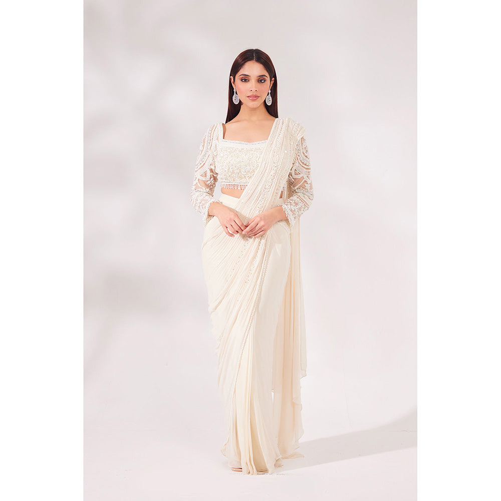 CHAASHNI BY MAANSI & KETAN Off White Embellished Net Pre-Draped Saree with Stitched Blouse