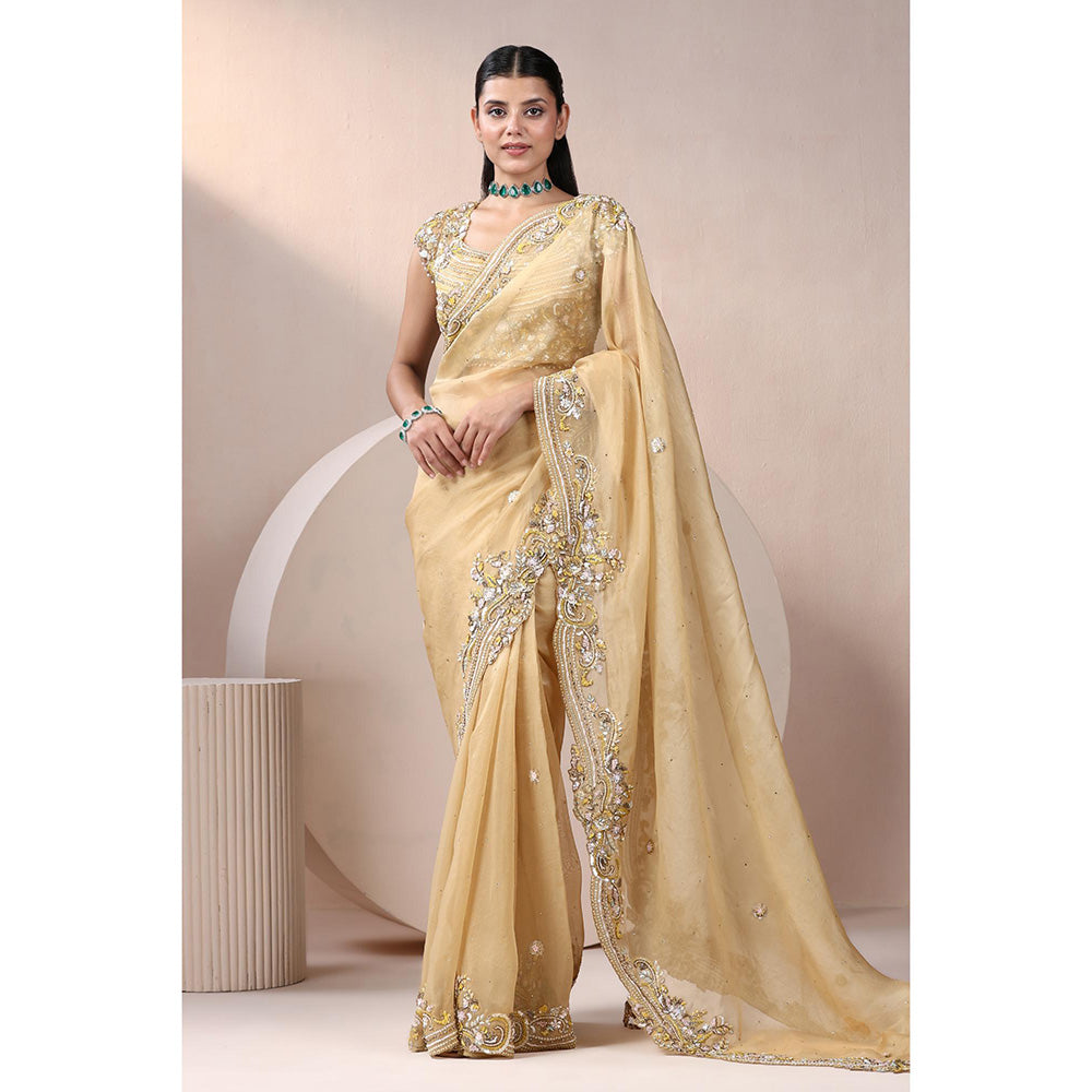 CHAASHNI BY MAANSI & KETAN Yellow Embellished Organza Saree with Stitched Blouse