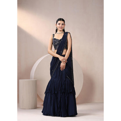 CHAASHNI BY MAANSI & KETAN Navy Blue Sequined Lehenga Saree with Stitched Blouse