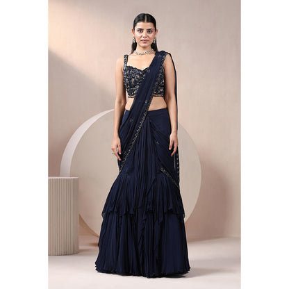 CHAASHNI BY MAANSI & KETAN Navy Blue Sequined Lehenga Saree with Stitched Blouse