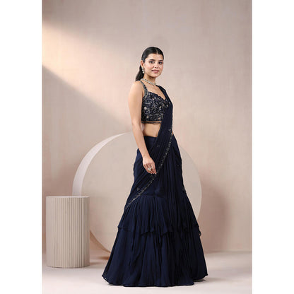 CHAASHNI BY MAANSI & KETAN Navy Blue Sequined Lehenga Saree with Stitched Blouse