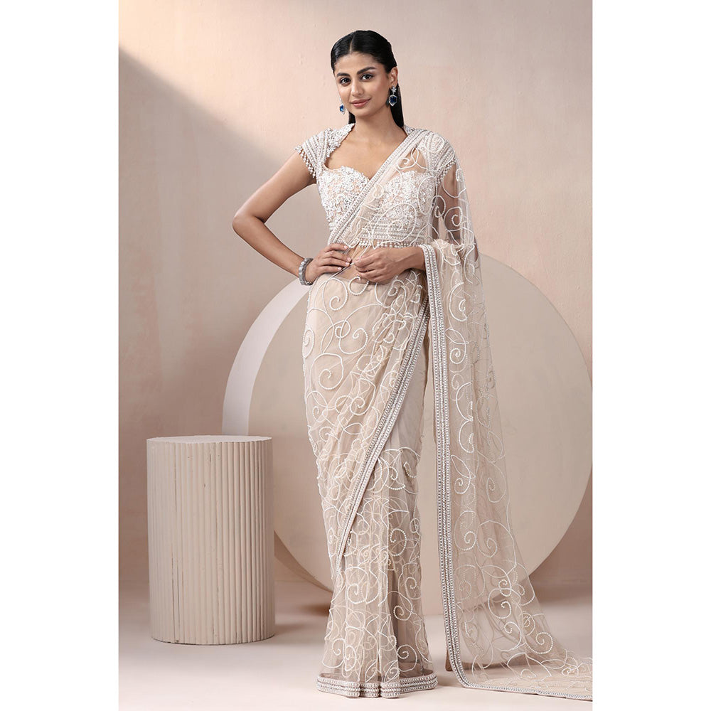 CHAASHNI BY MAANSI & KETAN Ivory Embellished Net Saree with Stitched Blouse
