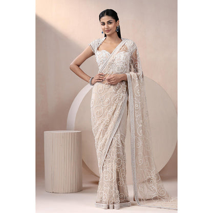 CHAASHNI BY MAANSI & KETAN Ivory Embellished Net Saree with Stitched Blouse