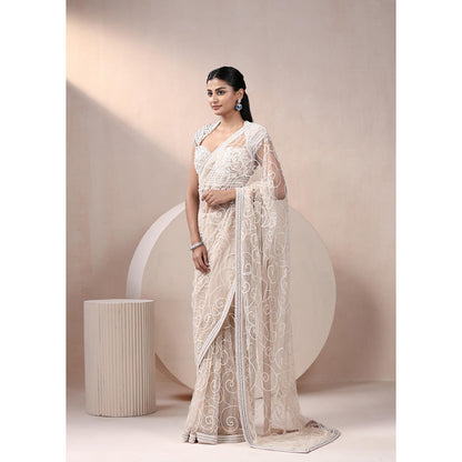 CHAASHNI BY MAANSI & KETAN Ivory Embellished Net Saree with Stitched Blouse