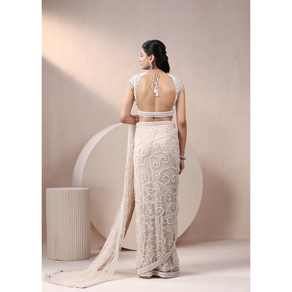 CHAASHNI BY MAANSI & KETAN Ivory Embellished Net Saree with Stitched Blouse