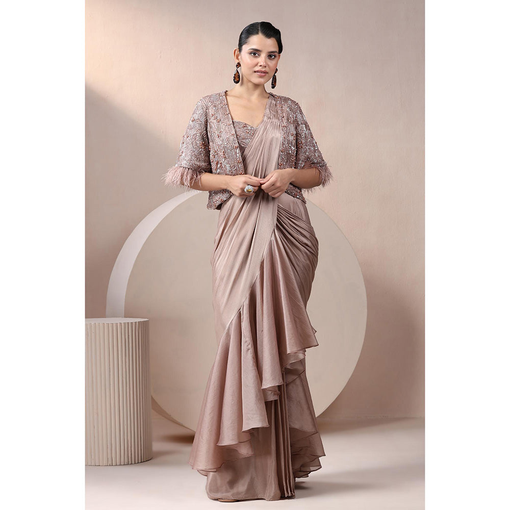 CHAASHNI BY MAANSI & KETAN Taupe Champagne Chinnon Saree with Stitched Blouse and Jacket
