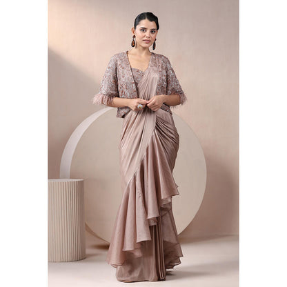 CHAASHNI BY MAANSI & KETAN Taupe Champagne Chinnon Saree with Stitched Blouse and Jacket