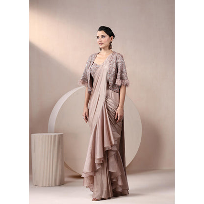 CHAASHNI BY MAANSI & KETAN Taupe Champagne Chinnon Saree with Stitched Blouse and Jacket